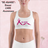 "Be Aware: Breast CARE Awareness" - Sports bra (in White w/Austra print)