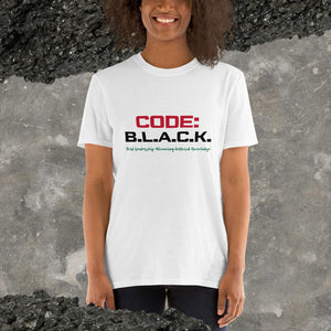 "Code B.L.A.C.K." - Short-Sleeve Unisex T-Shirt (in White w/Pan-African Colored)