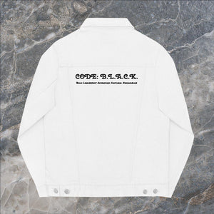 "Code B.L.A.C.K."  - Unisex Denim Jacket (in White w/Black)