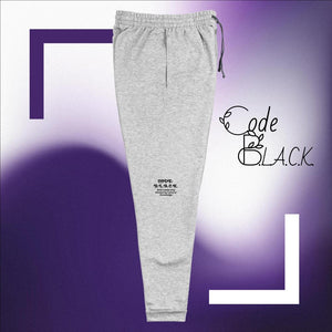 "Code" B.L.A..C.K." - Jerzees Unisex fleece sweatpants (in Grey w/Black- Right Leg Print)