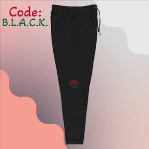 "Code" B.L.A..C.K." - Jerzees Unisex fleece sweatpants (in Black, Black Heather, or Athletic Heather Grey w/Pan-African Colors- Right Leg Print)
