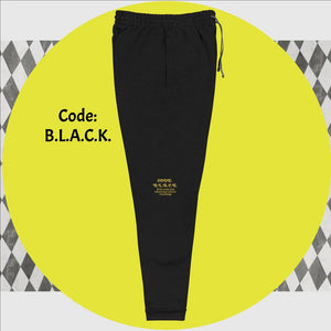 "Code" B.L.A..C.K." - Jerzees Unisex fleece sweatpants (in Black w/Gold - Right Leg Print)